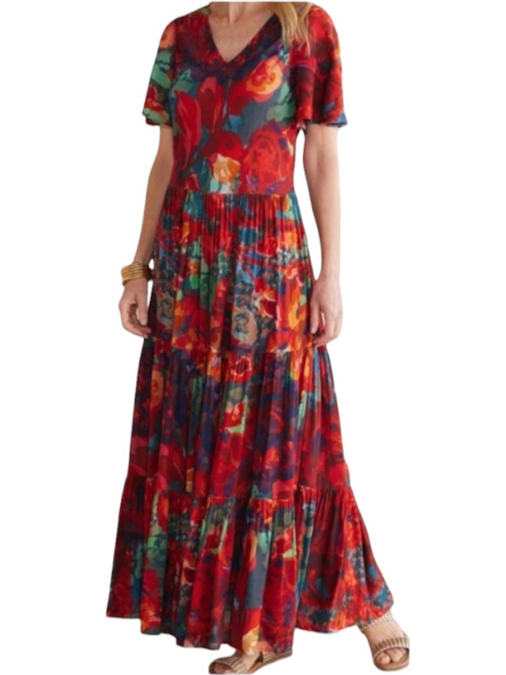 Soft Surroundings Printemps Floral‎ Abstract Tiered Maxi Dress Red Large Petite
